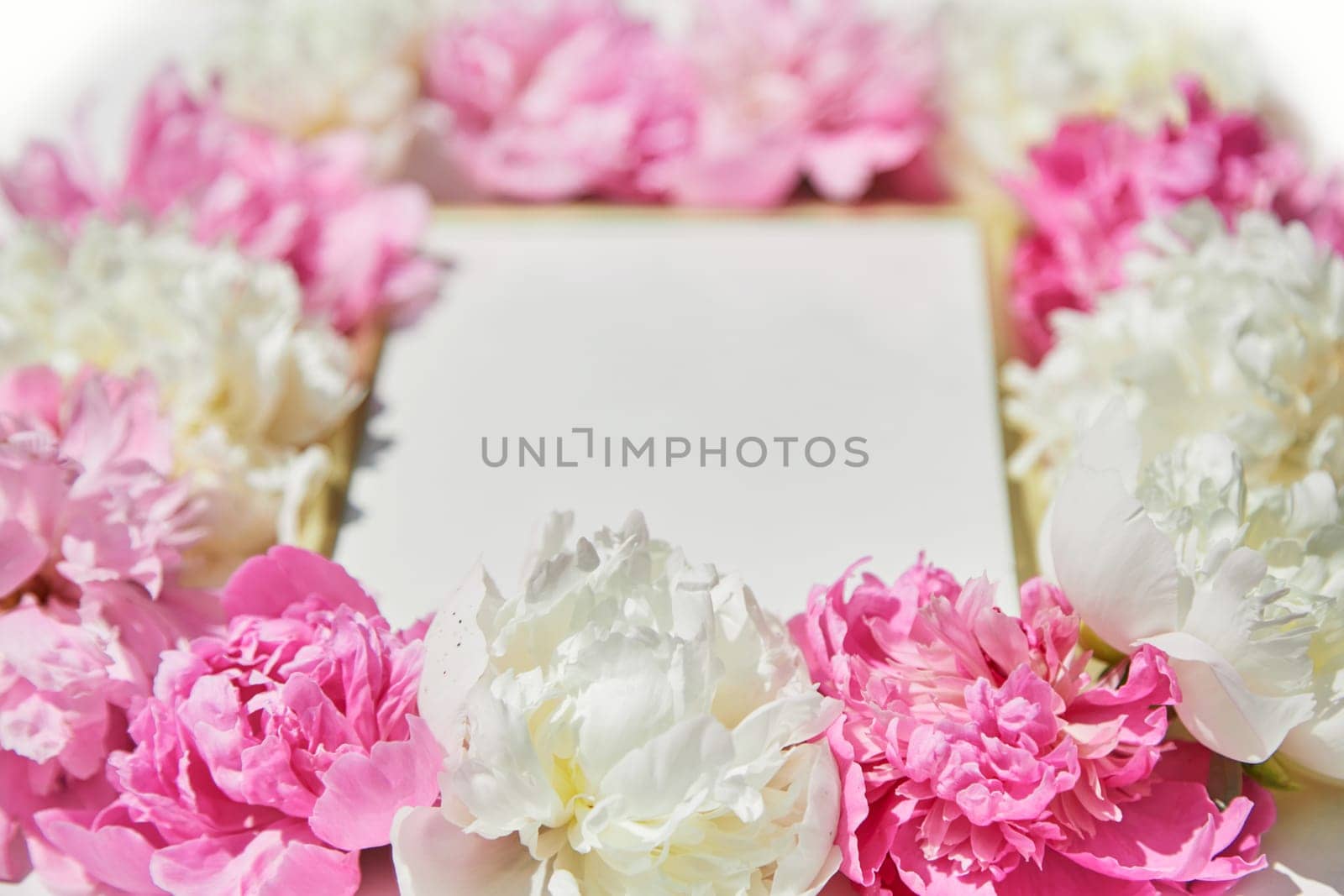 Beautiful frame with floral pions background. Free space for your design, mockup