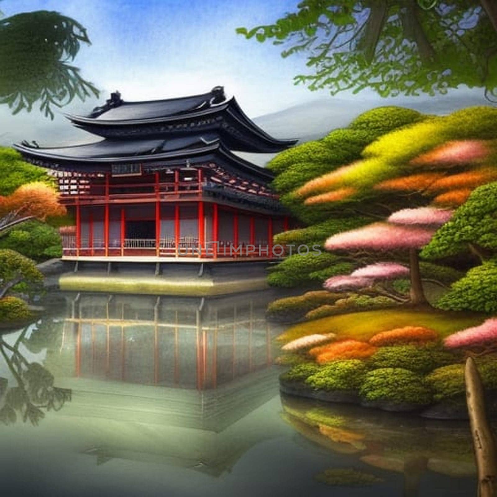 Immerse yourself in the serenity of a picturesque Japanese house nestled by a tranquil pond, embraced by a lush garden. The exquisite beauty of this typical Japanese dwelling is enhanced by its reflection, creating a captivating and tranquil scene. Verdant vegetation and gracefully swaying trees frame this idyllic setting, evoking a sense of peace and harmony. AI generated.