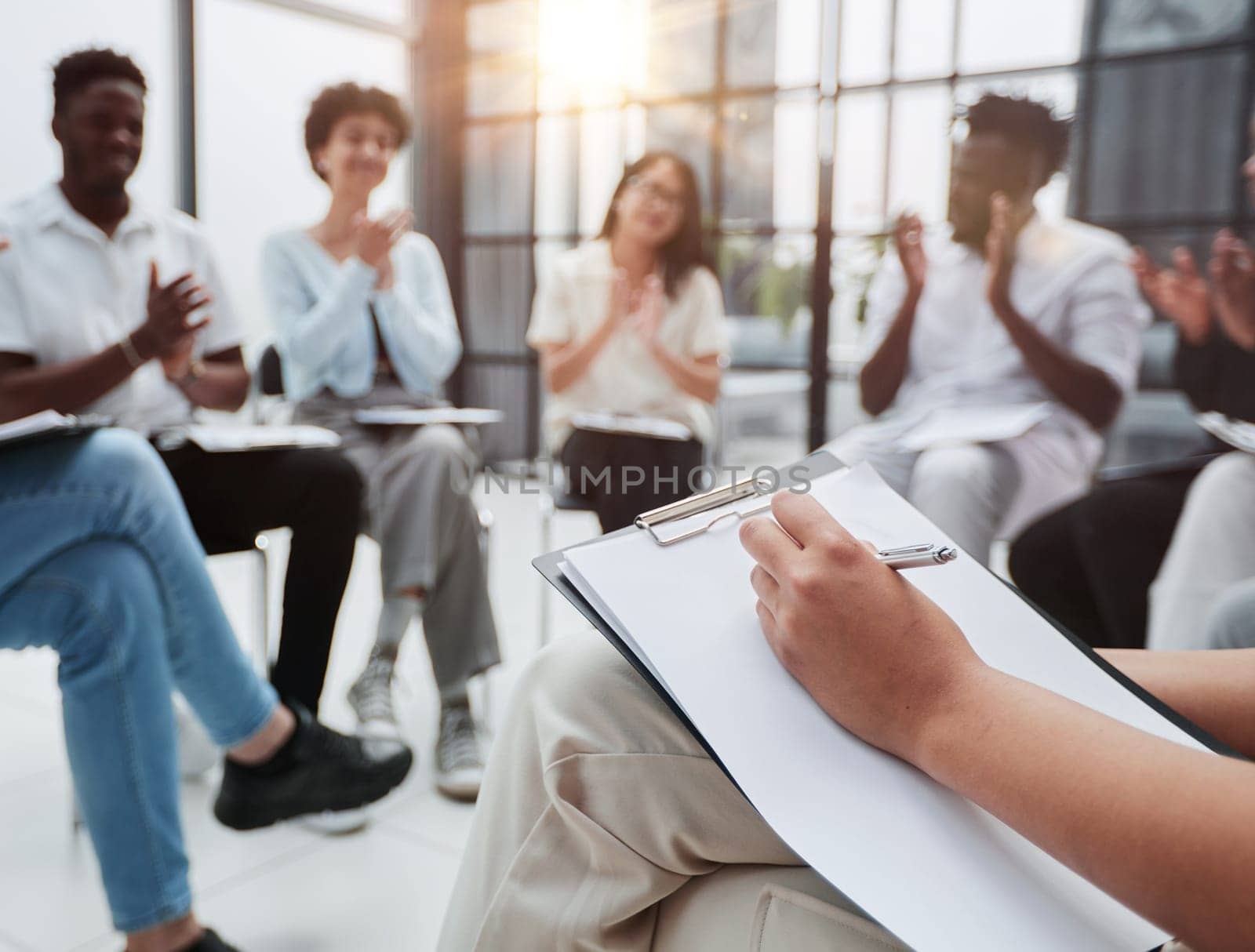 business training and coaching in company. Speaker talking in front of meeting room.