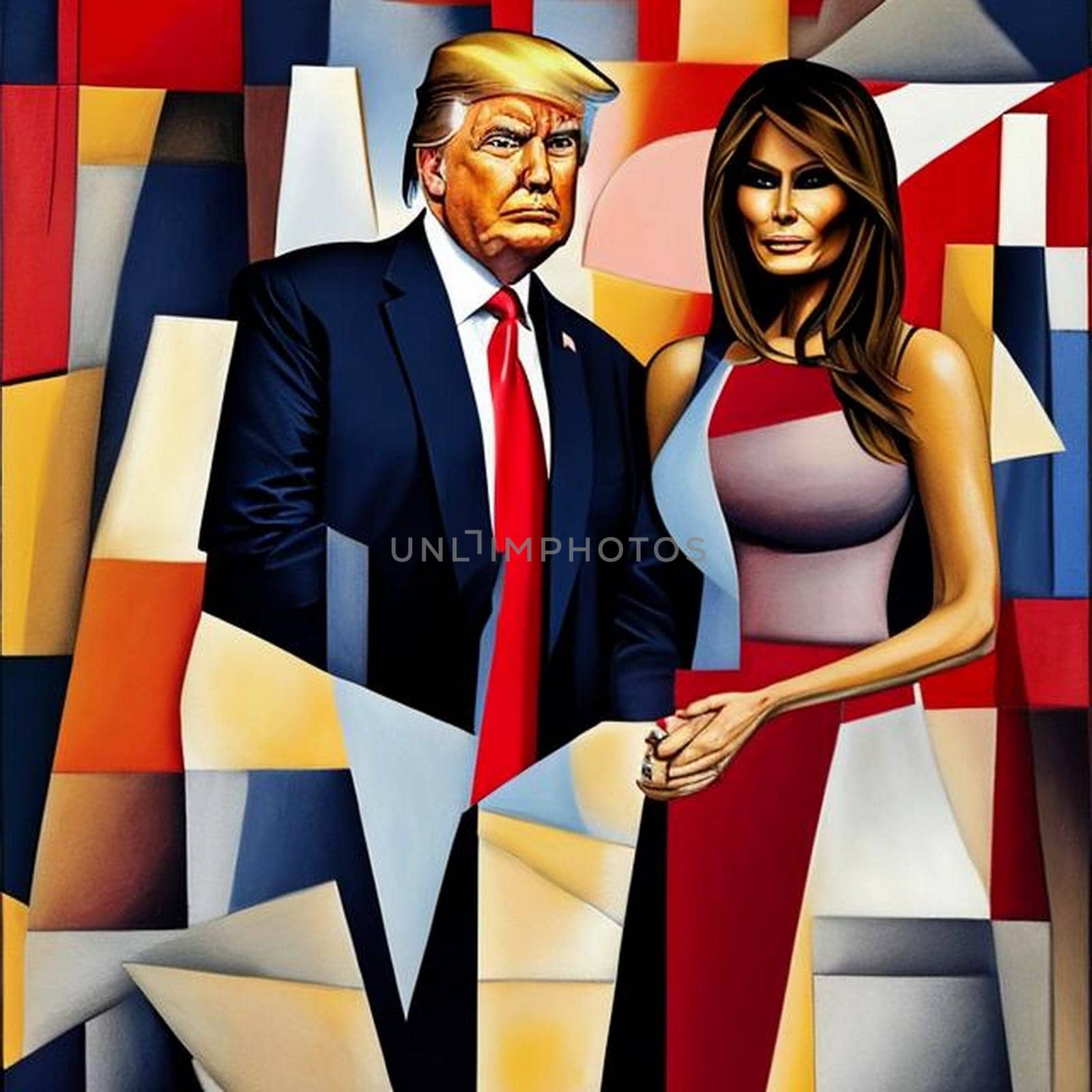 Immerse yourself in the mesmerizing world of cubism with this AI-generated portrait of Trump and Melania. This captivating artwork showcases the distinctive cubist style, embodying a fusion of angles, shapes, and colors that captivate the eye. The intricate details invite you to explore the multidimensional layers, offering a fresh perspective on the dynamic relationship between the President of the United States and his wife.