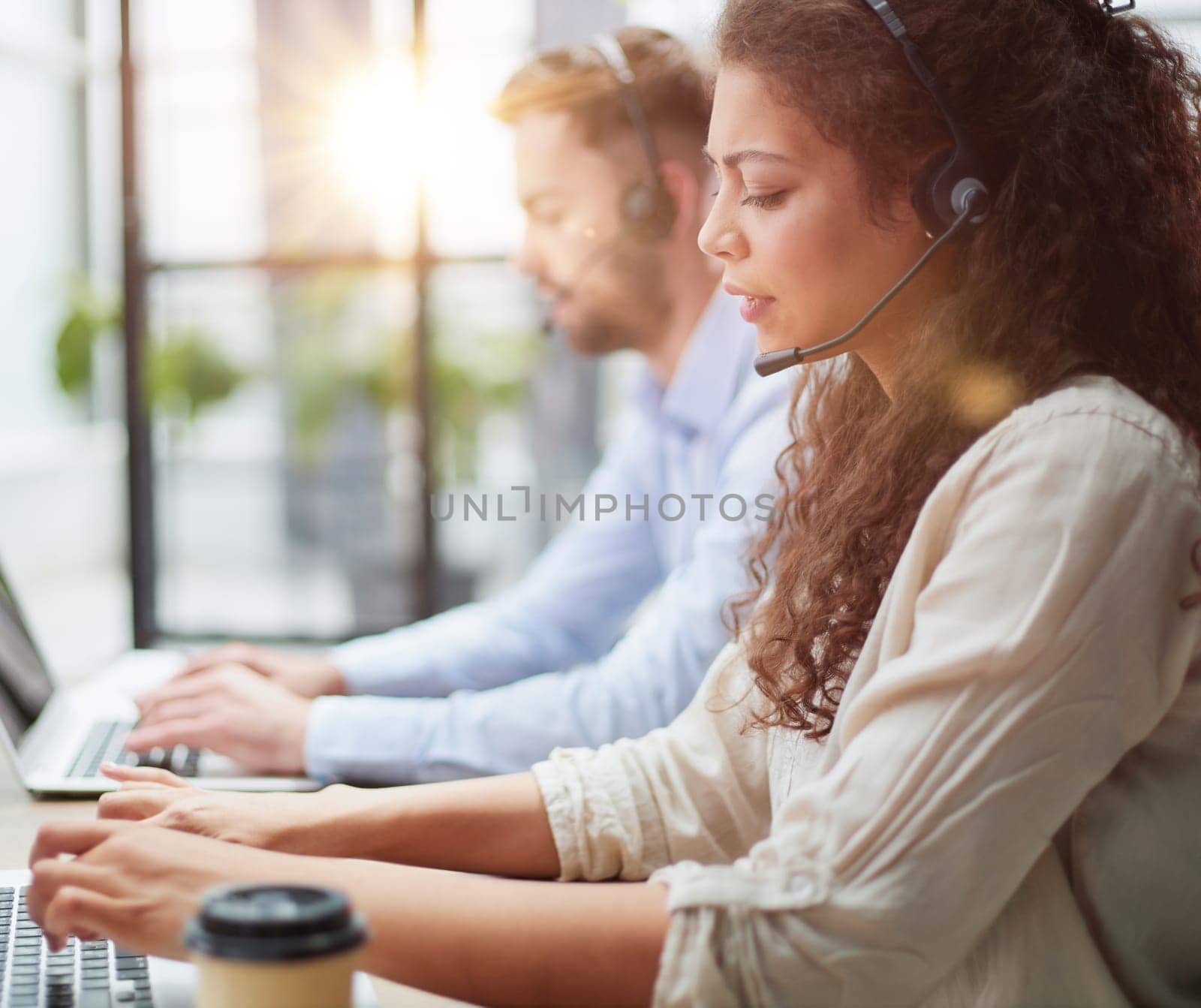 laptop talk by video call, helpline employee and pleasant chat to client remotely, distance webinar online teaching concept
