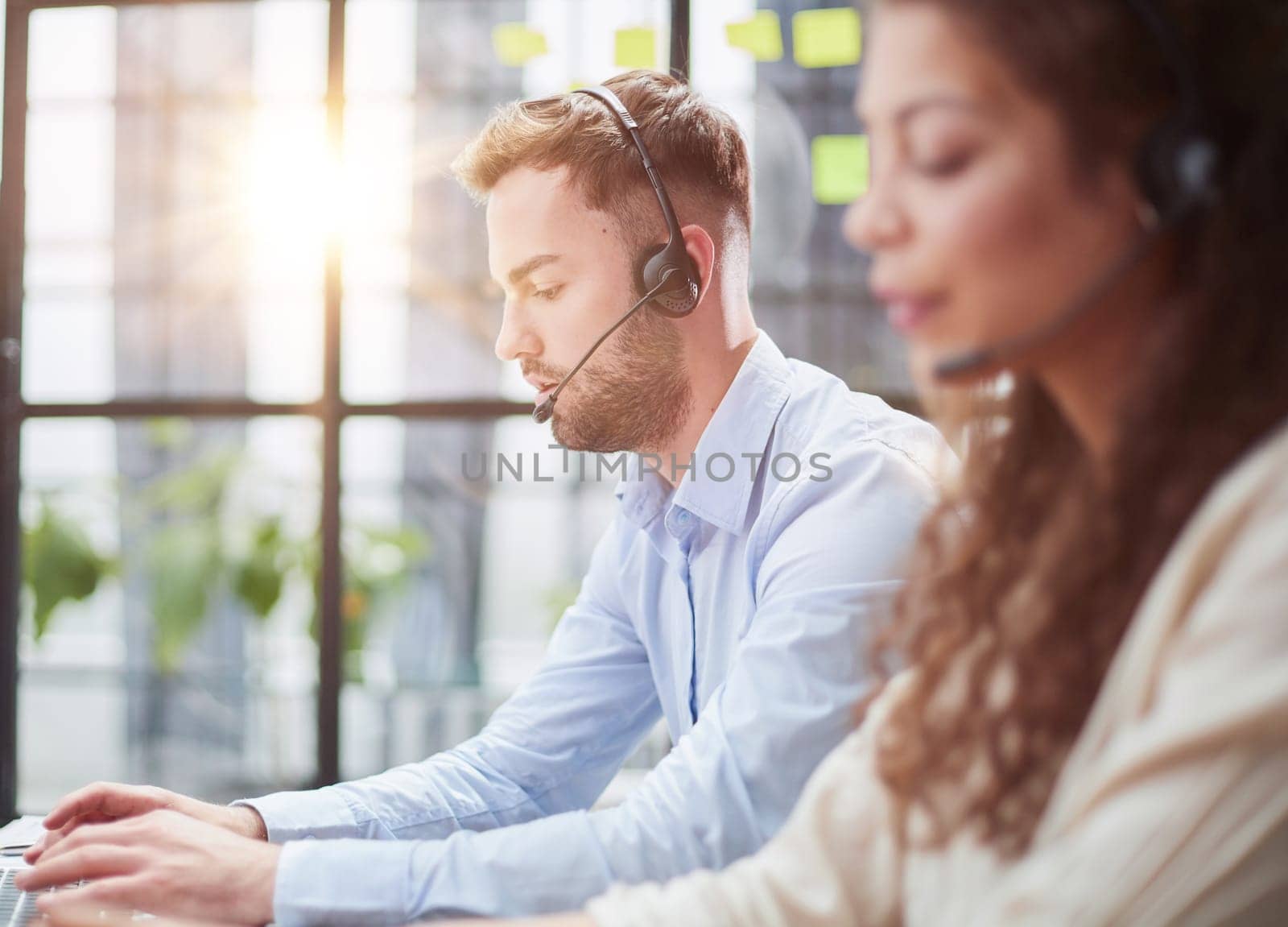 laptop talk by video call, helpline employee and pleasant chat to client remotely, distance webinar online teaching concept