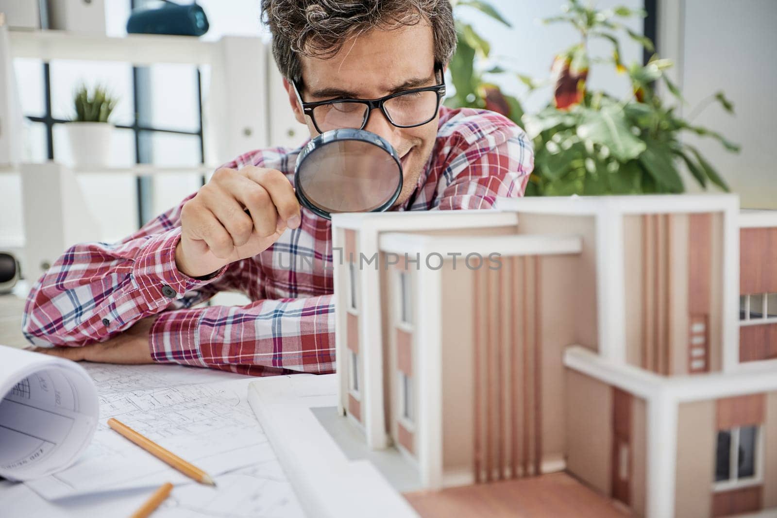 house searching, colorful mini model homes being viewed through magnifying glass, 3d render illustration