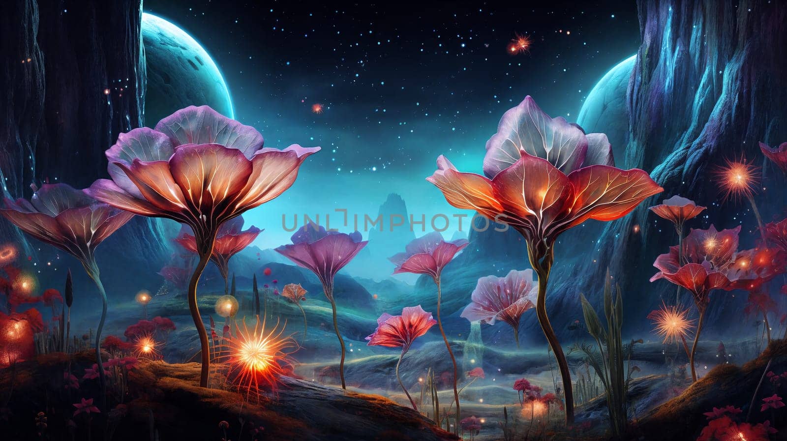 Fairy flowers on a fantasy planet, starry sky on background. Generative AI