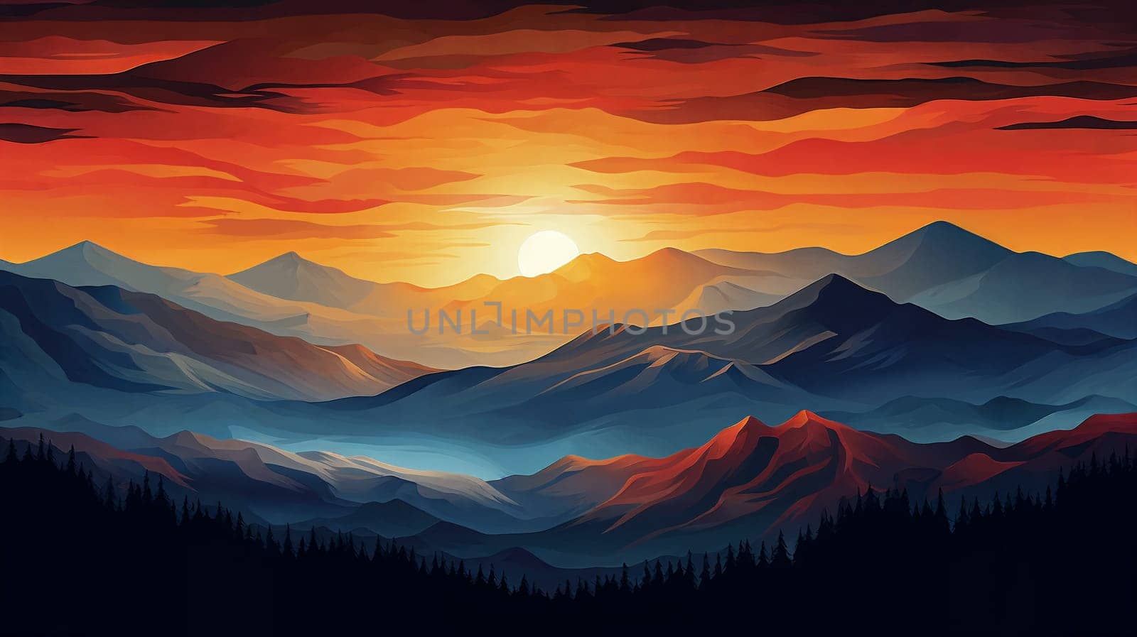 Sunset over the mountains, clouds on the foreground, panorama . AI Generative