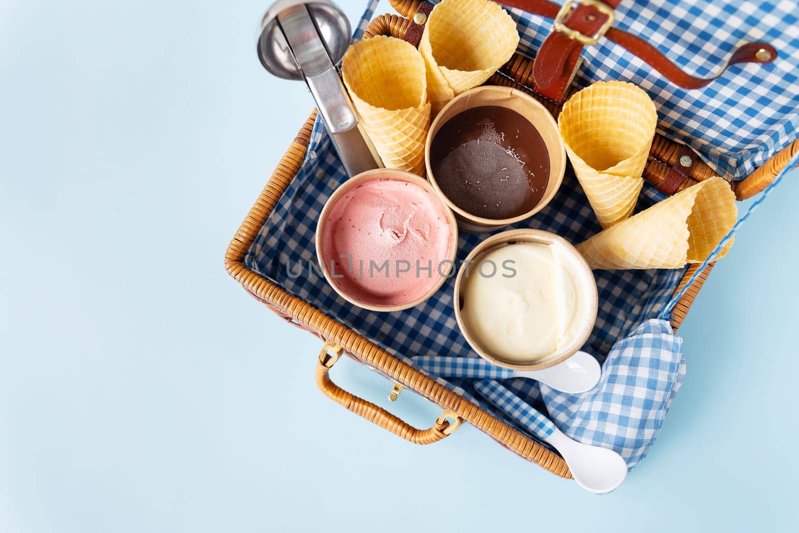 Ice cream to go, top view. Fair on the street. Ice cream case. Ice cream to go - a box with different flavors of ice cream