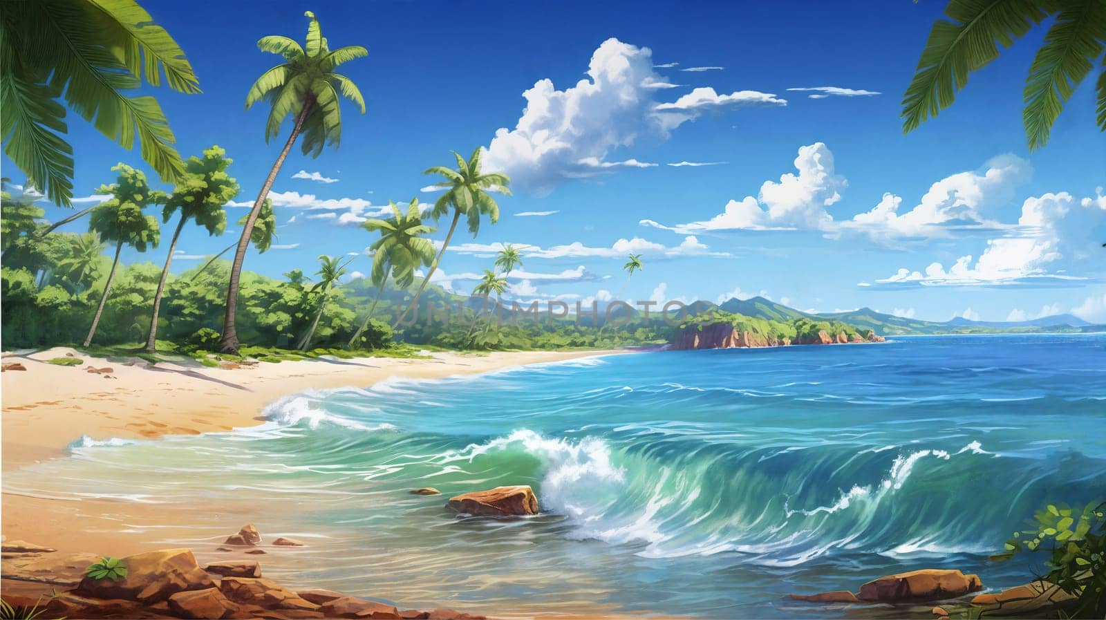 Tropical island, panorama, sandy beach surrounded palms . AI Generative