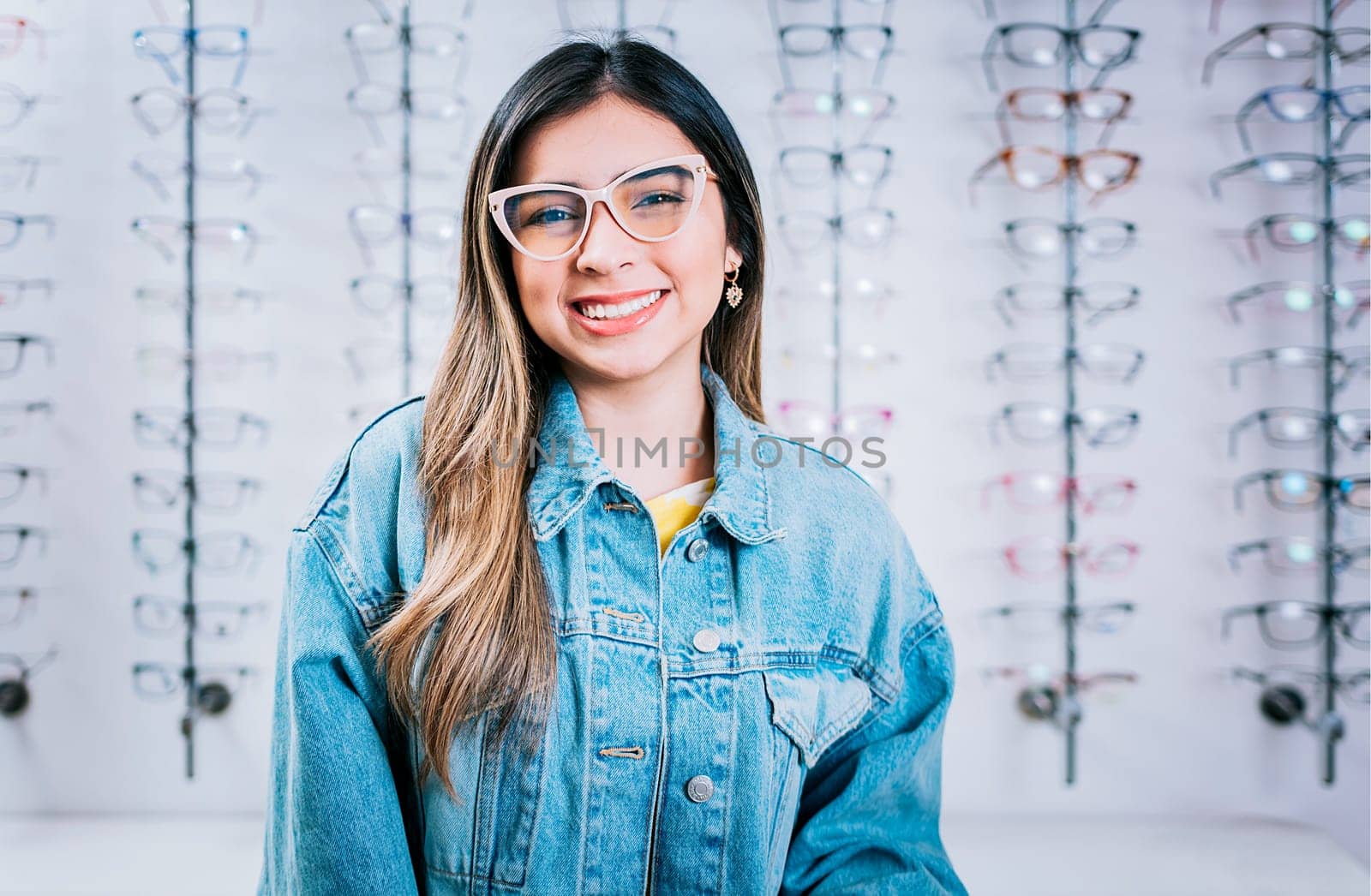 Smiling happy girl in eyeglasses with store eyeglasses background, Portrait of happy girl in glasses in an eyeglasses store by isaiphoto