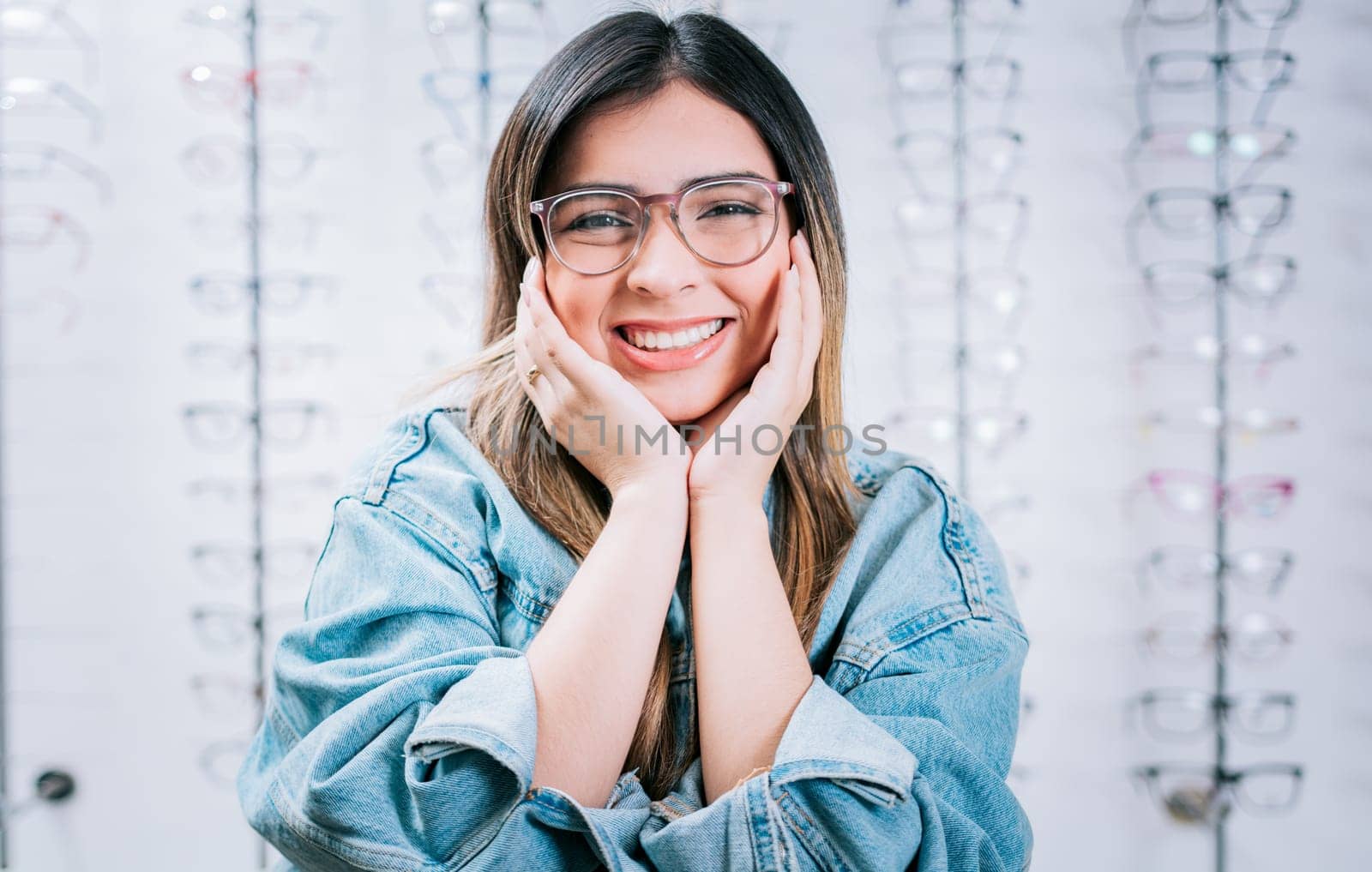 Happy girl modeling glasses in an optical lens store. Portrait of beautiful girl modeling glasses in an optical store by isaiphoto