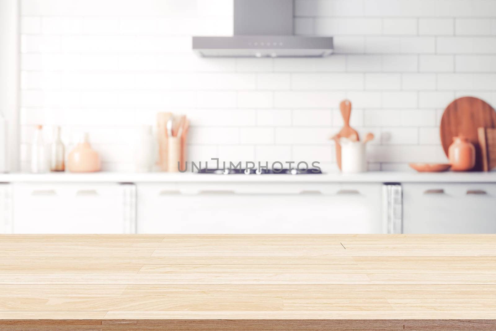 Empty beautiful wood table top counter and blur bokeh modern kitchen interior background in clean and bright,Banner, Ready for product montage.
