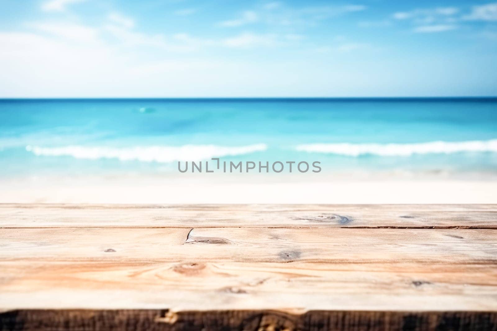 Top of wood table with seascape, blur calm sea and sky at tropical beach background. Empty table ready for your product display montage. Summer vacation background concept.