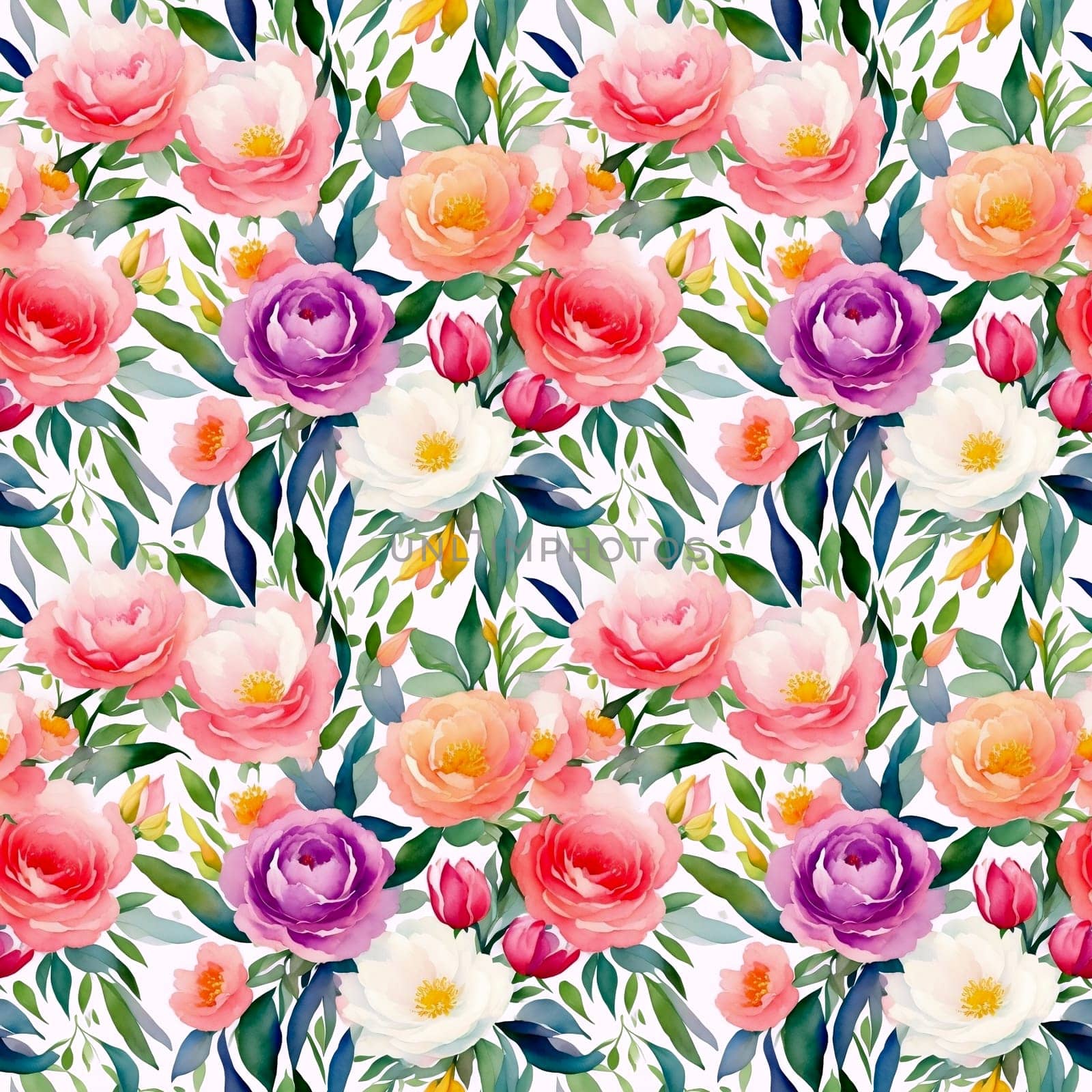 Watercolor Floral Seamless Pattern Multicolor Flowers with Green Leaves on White by LanaLeta