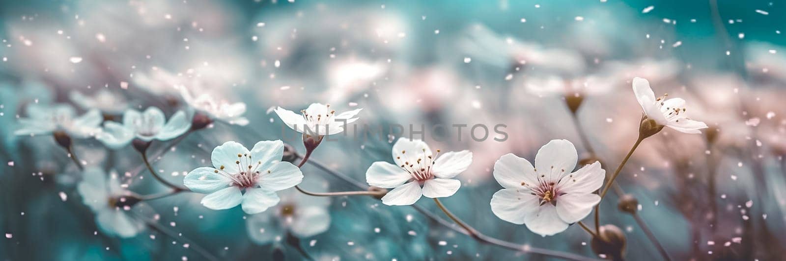 Long summer banner with white Wildflowers or Field flowers close up. White wild flowers on a blurred dark blue background
