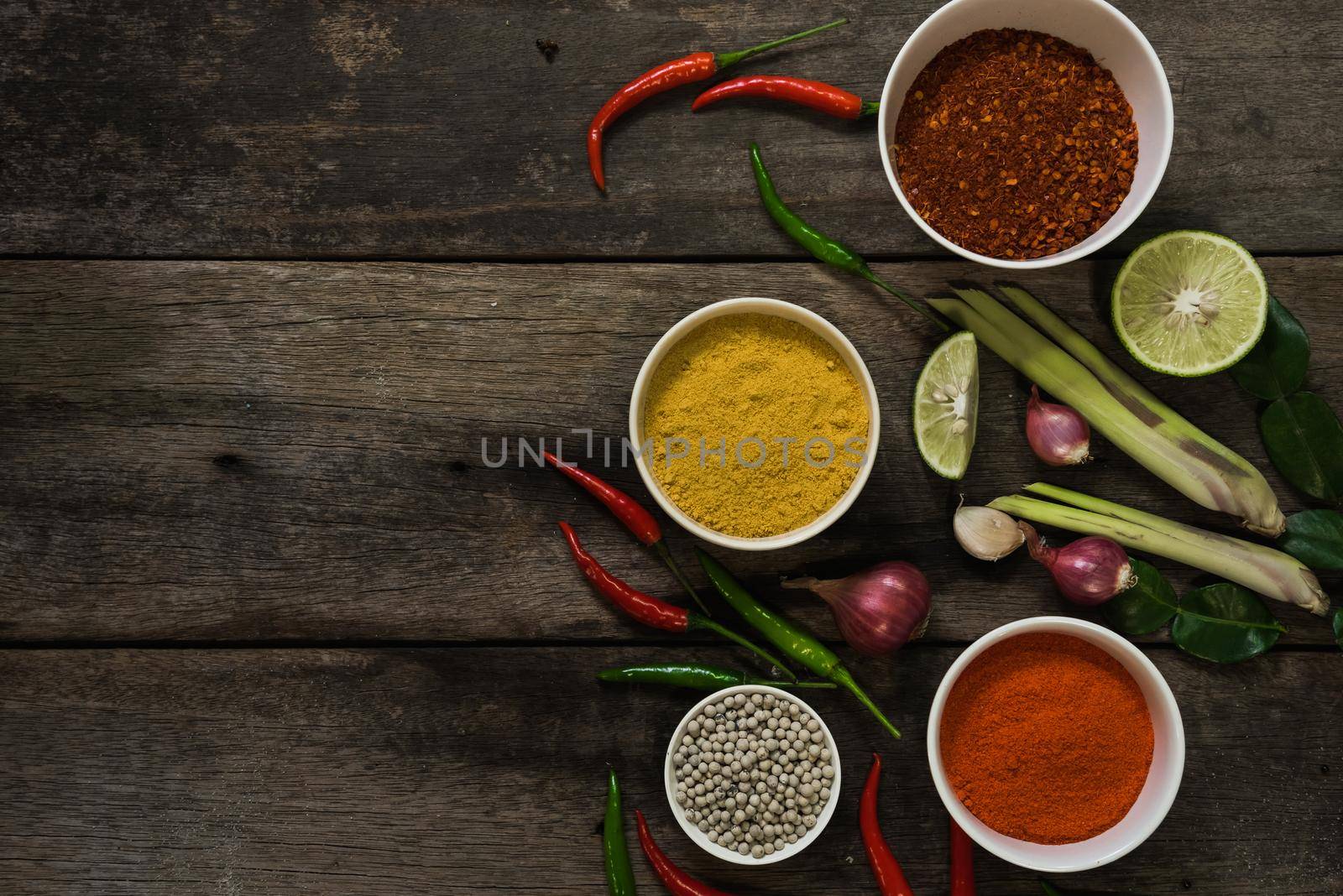 spices with ingredients on dark background. asian food, cooking concept