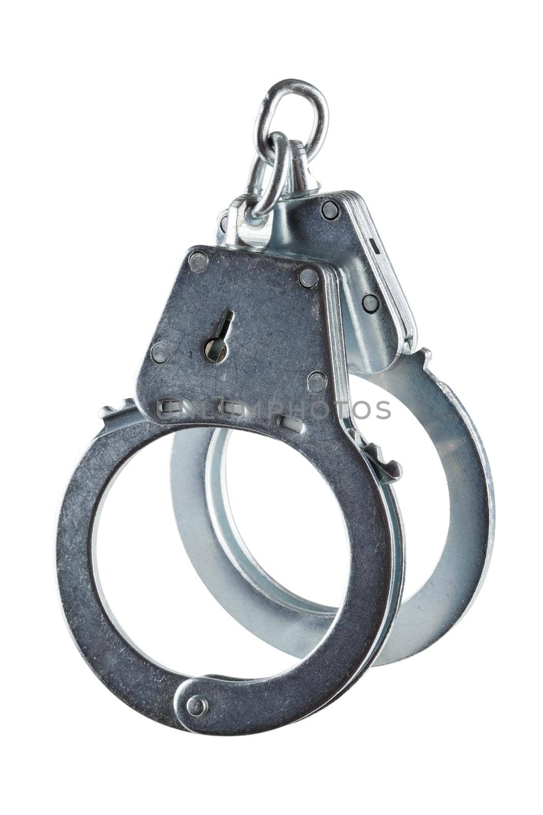 real zinc plated steel police handcuffs closed, isolated on white background.