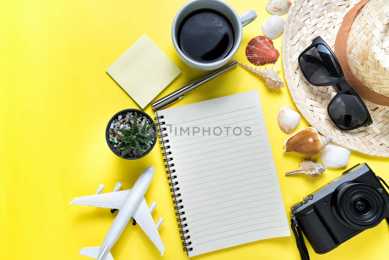 Flat lay traveler accessories with blank space for text. Vacation concept. Summer background. by Wmpix