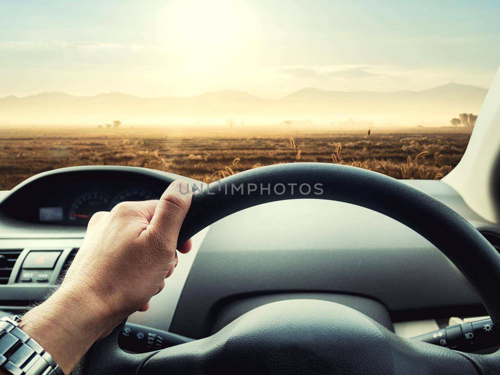 man driving car on the road by Wmpix