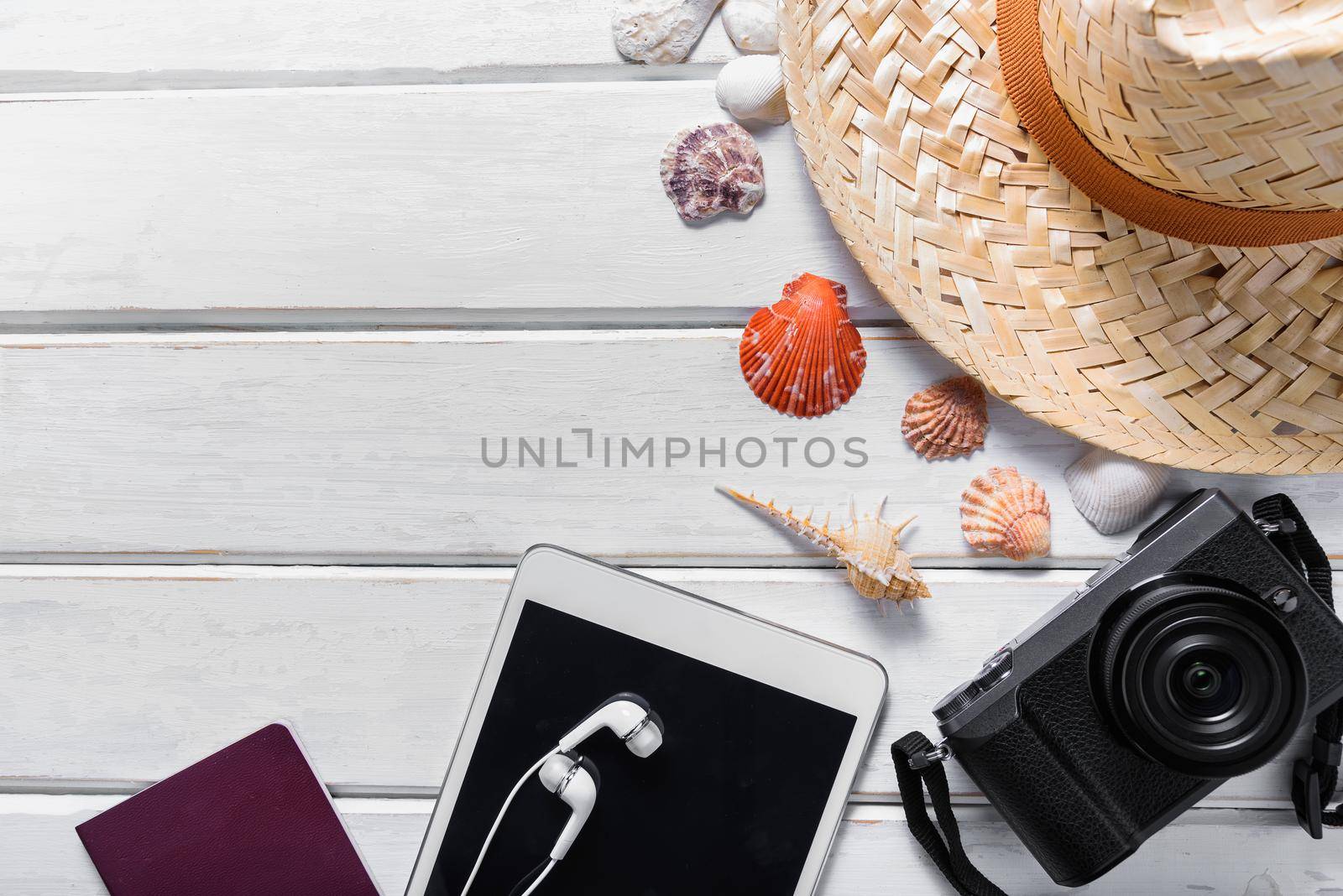 Summer holiday background, travel concept with camera on white table background