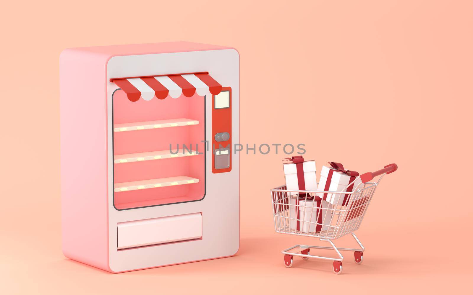 Empty vending machine and presents with pink background, 3d rendering. by vinkfan