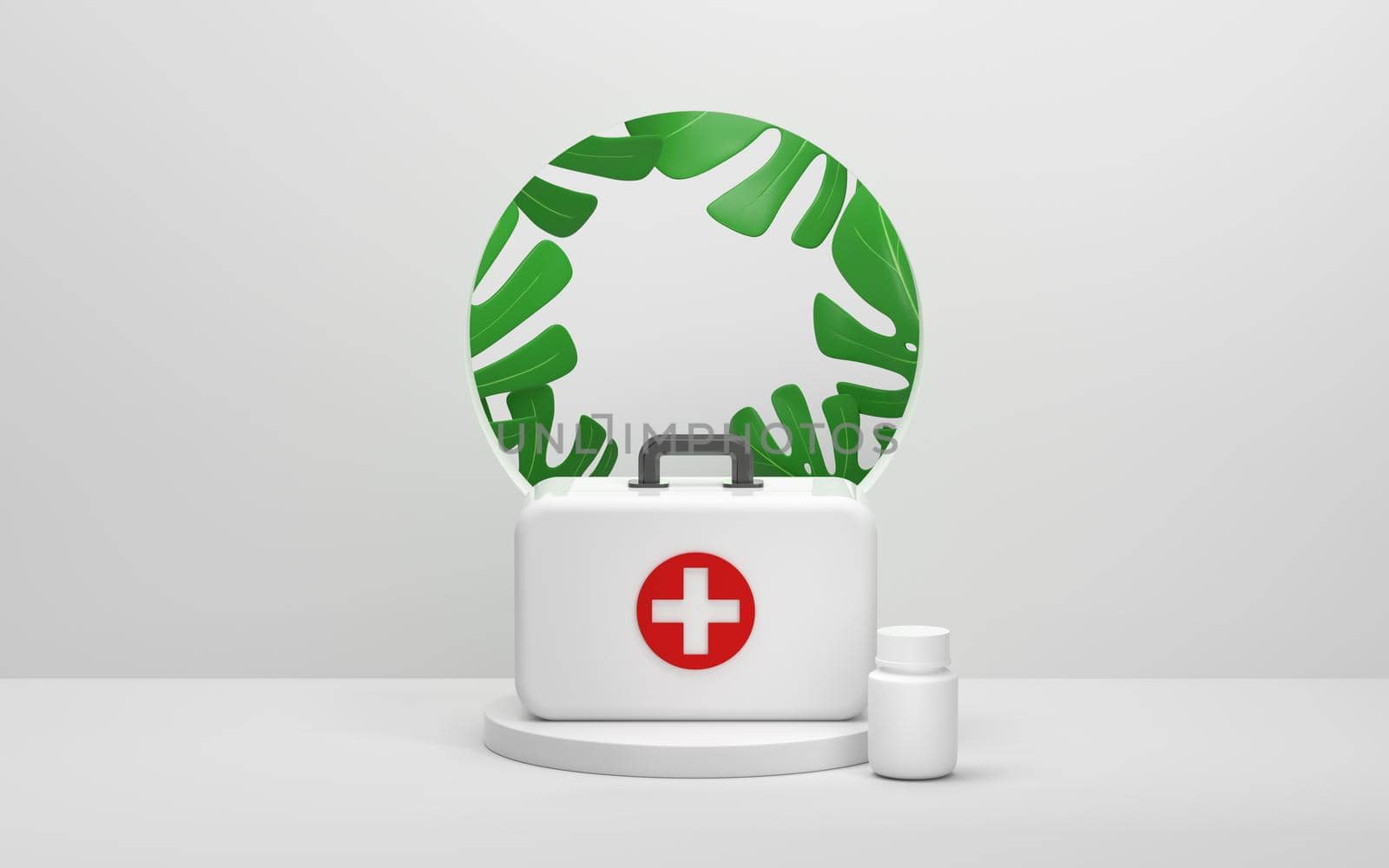Medical kit and medical bottle in a white room, 3d rendering. by vinkfan