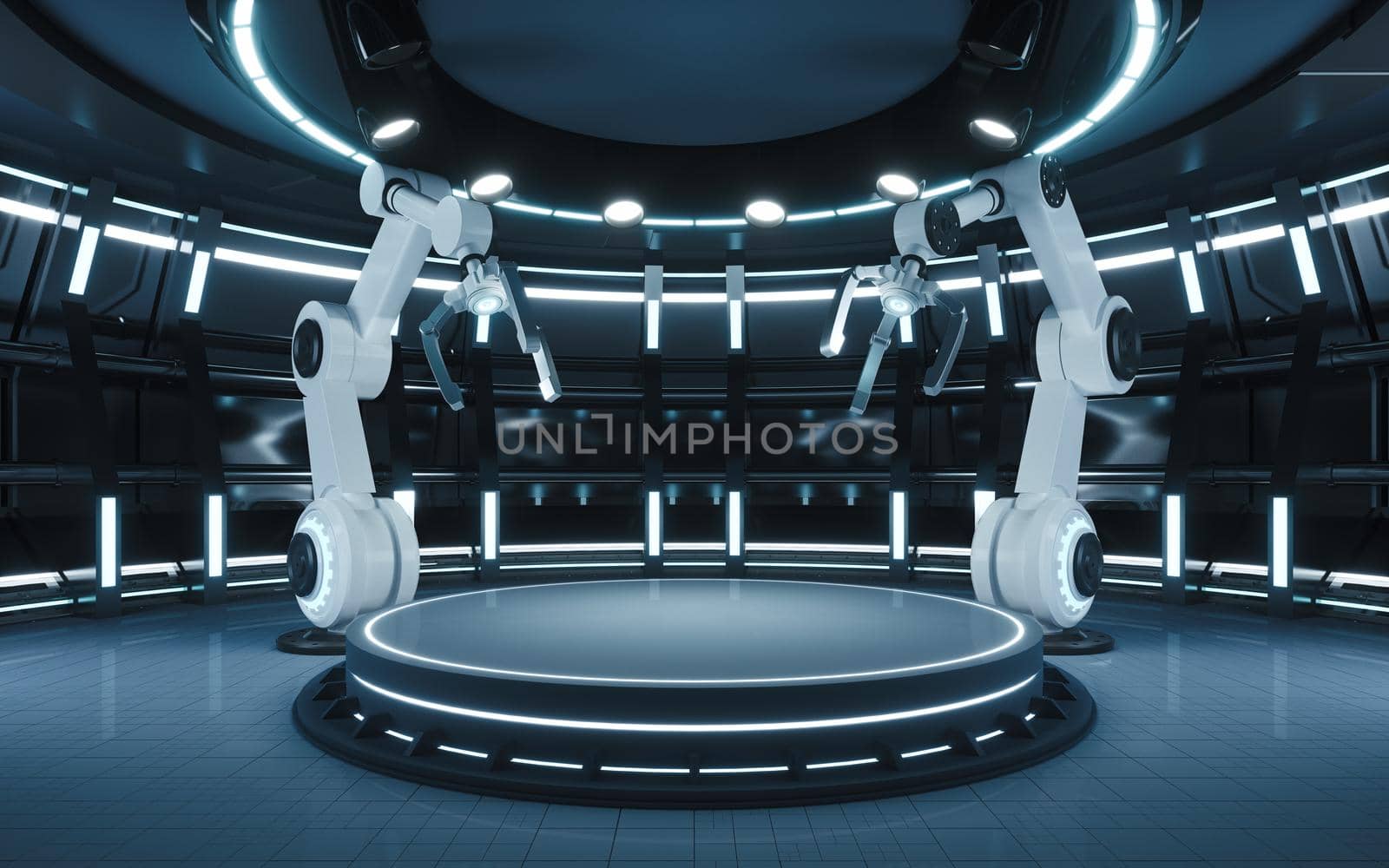 Mechanical arm and empty stage in the round room, 3d rendering. by vinkfan