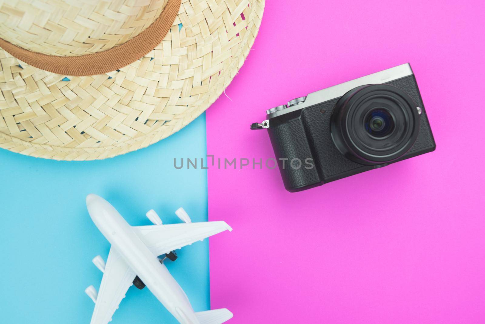 Creative Flat lay fashion style with travel concept colorful background
