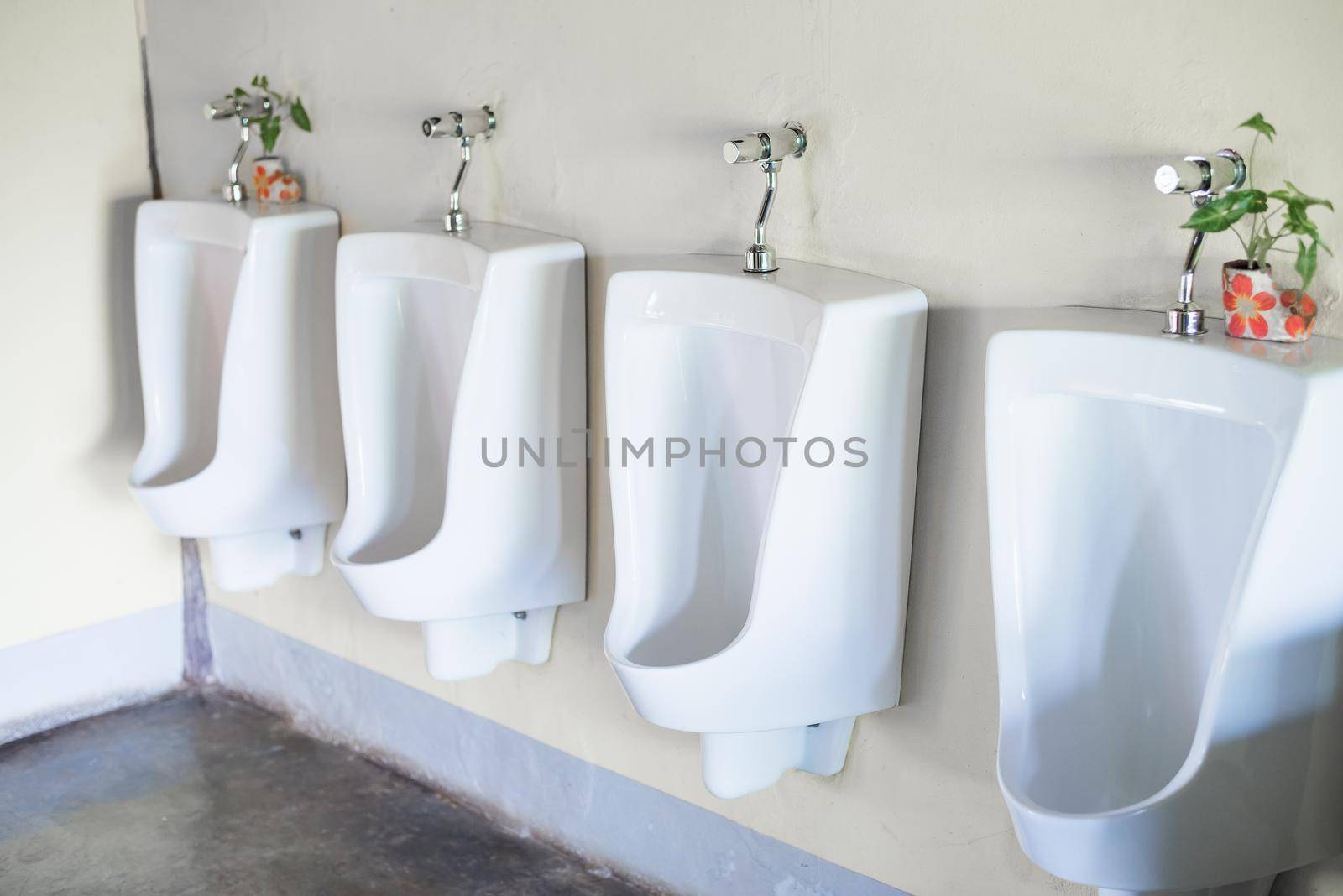 White Urinals in the public men's toilet by Wmpix