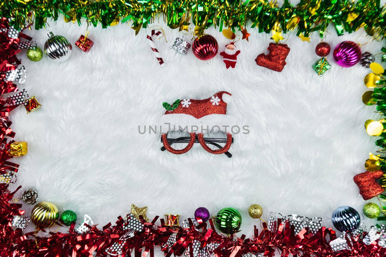 Christmas, New Year background and frame Top view. Copy space