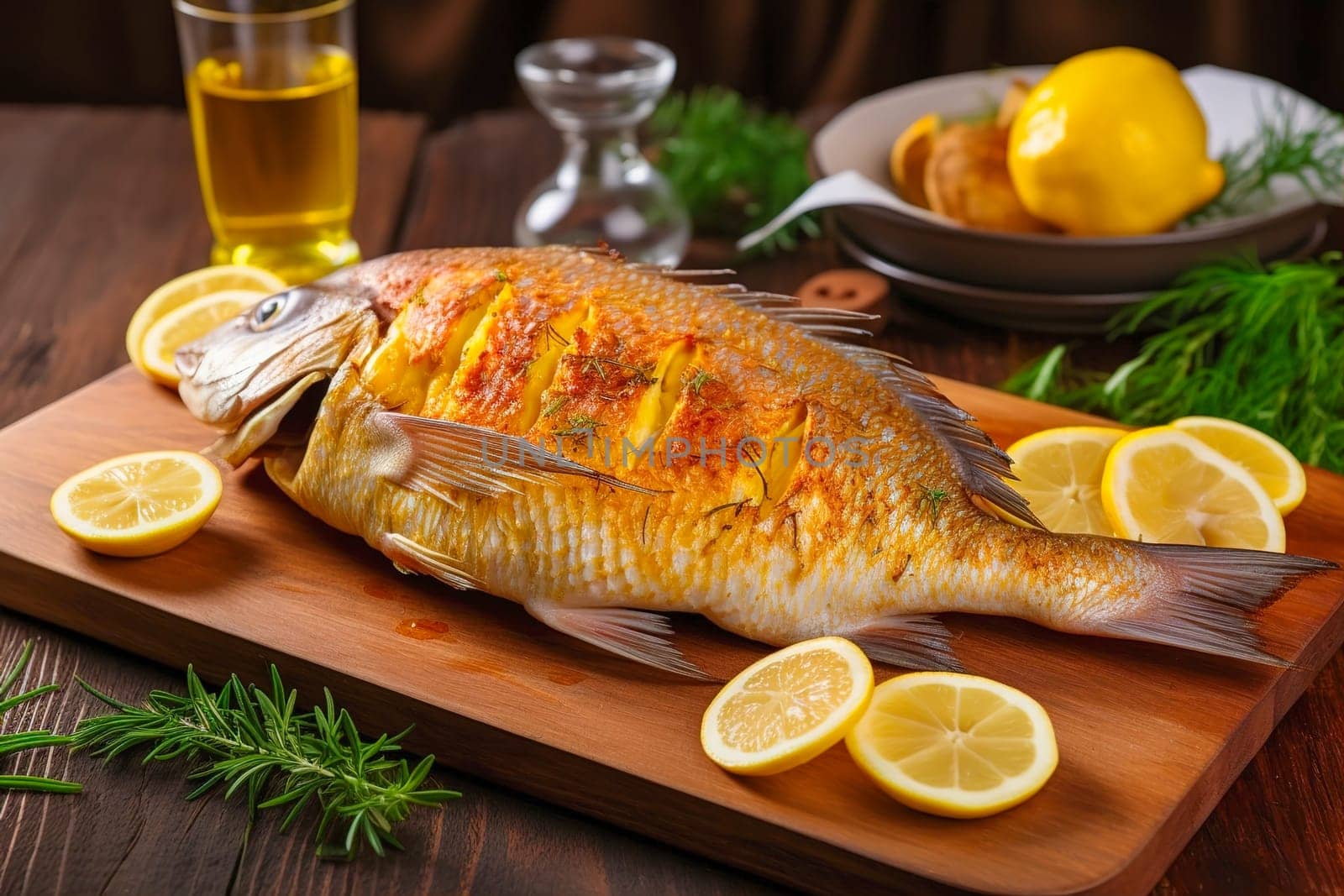 Baked fish with lemon. Serving meals from the chef. Generative AI. High quality illustration