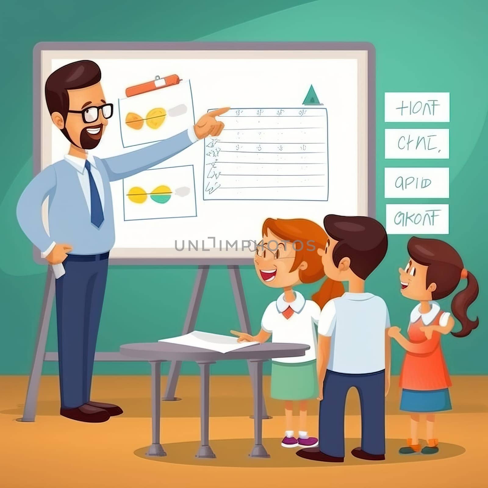 The teacher tells the children a lesson at the blackboard. Generative AI. High quality illustration
