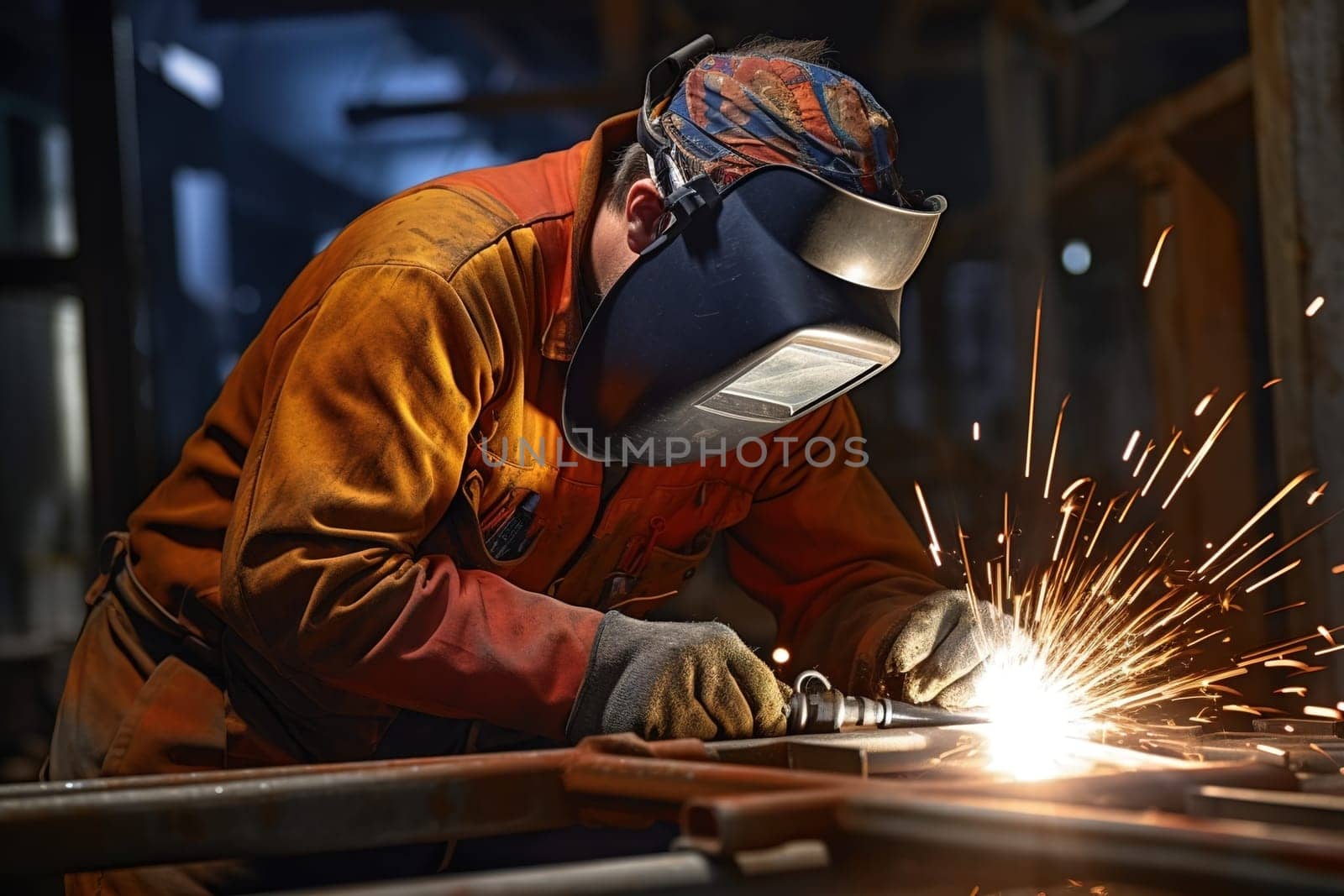 A man-welder fastens iron girders with a welding machine. Construction of the station. Generative AI. by Yurich32