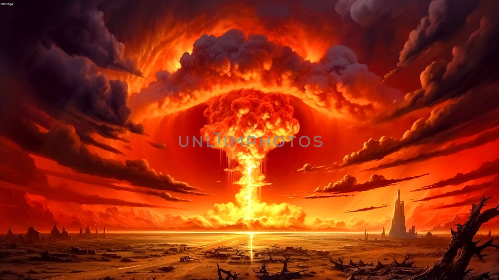 the explosion of an atomic bomb with the release of radiation and a large amount of devastating energy, made with Generative AI. High quality illustration