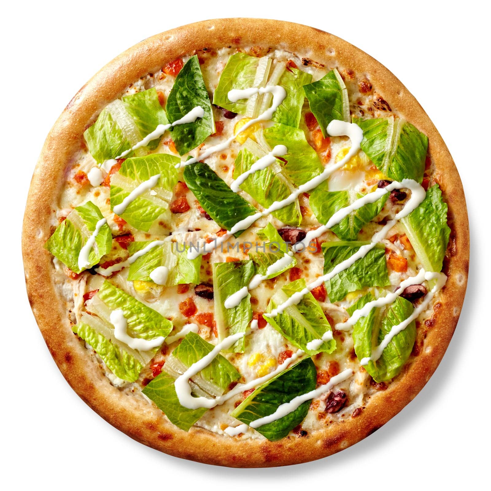 Top view of appetizing light pizza on yogurt base with mozzarella, chicken sous vide, tomato, red beans, quail eggs, fresh lettuce and cream cheese sauce isolated on white. Italian style cuisine