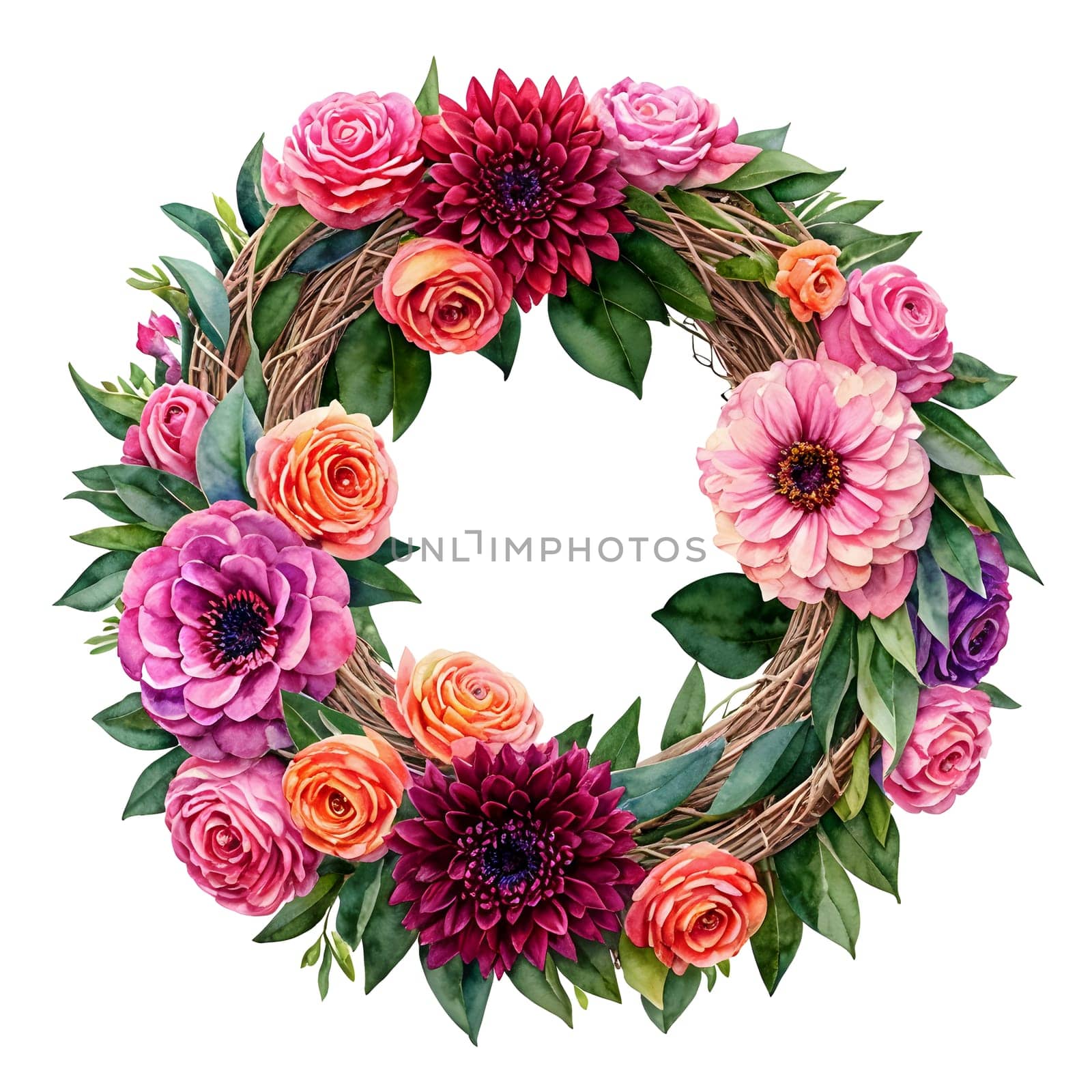 Watercolor Floral Wreath with Pink, Peach, Burgundy Flowers and Leaves on White Background. by LanaLeta