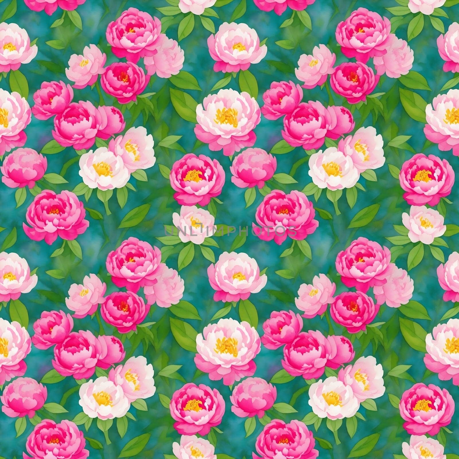 Watercolor Floral Seamless Pattern with White and Pink Peonies with Green Leaves on Teal by LanaLeta