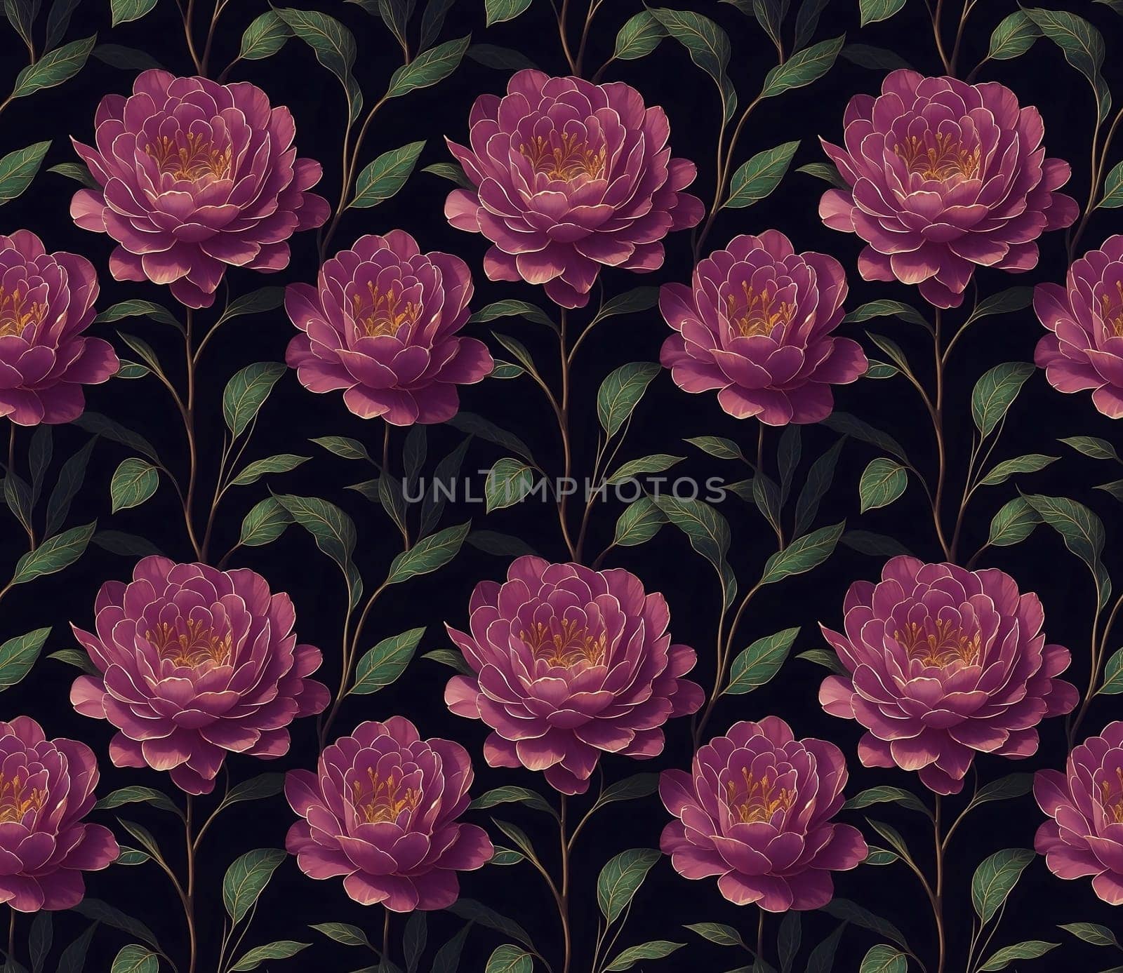 Floral Seamless Pattern of Stylized Pink Peony Flowers and Green Leaves on Black Backdrop. Wallpaper Design in Muted Colors for Textiles, Interior, Clothes, Packages, Covers. AI Generated