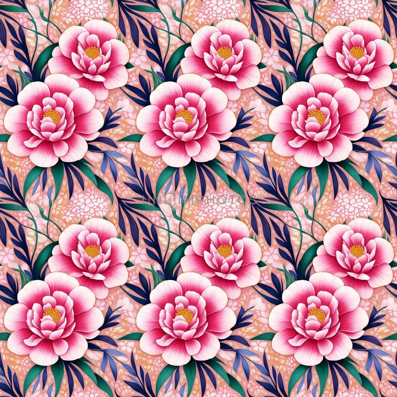 Floral Seamless Pattern of Stylized Pink White Peony Flowers on Pink Peach Backdrop by LanaLeta
