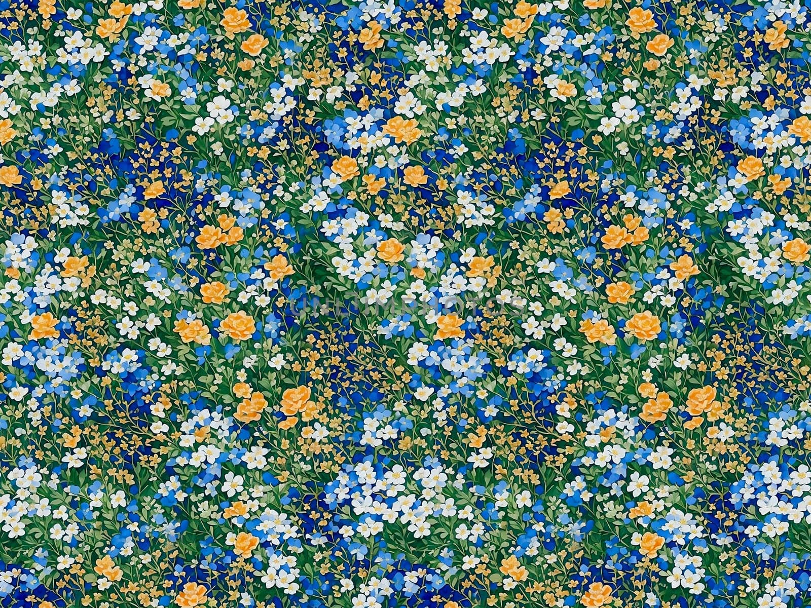 Floral Seamless Pattern with White Yellow Blue Green Wild Ditcy Flowers, Wallpaper Design for Textile, Cover, Package, Fabric, Print, Gift Wrap. AI Generated