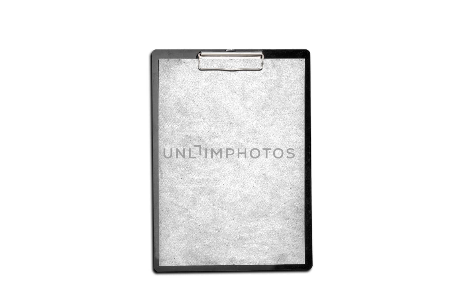An old crumpled sheet of gray paper is clamped with a tablet clip on a white background