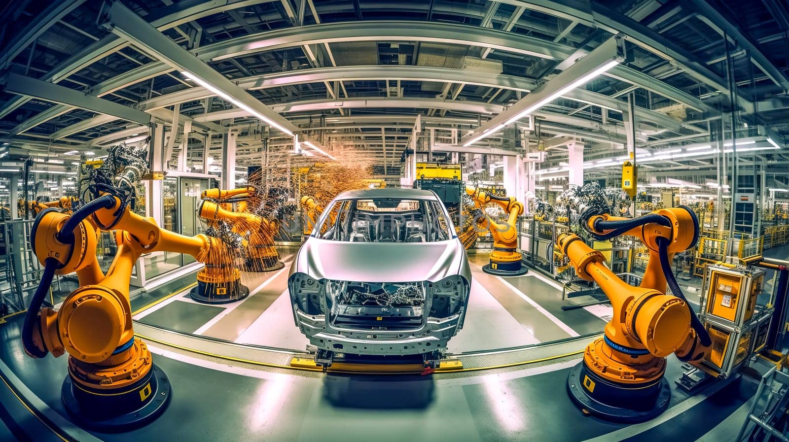 automotive factory, robotic line for the production of cars, automotive car conveyor made with Generative AI by Edophoto