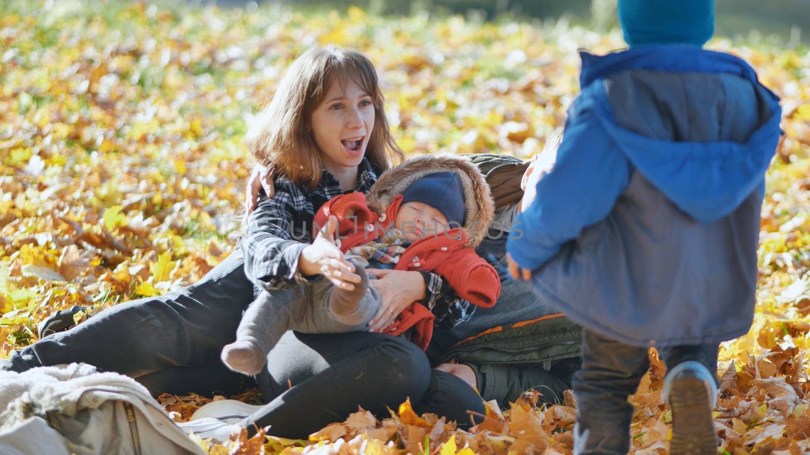 A family and their children enjoy the golden fall in the park sitting on the leaves