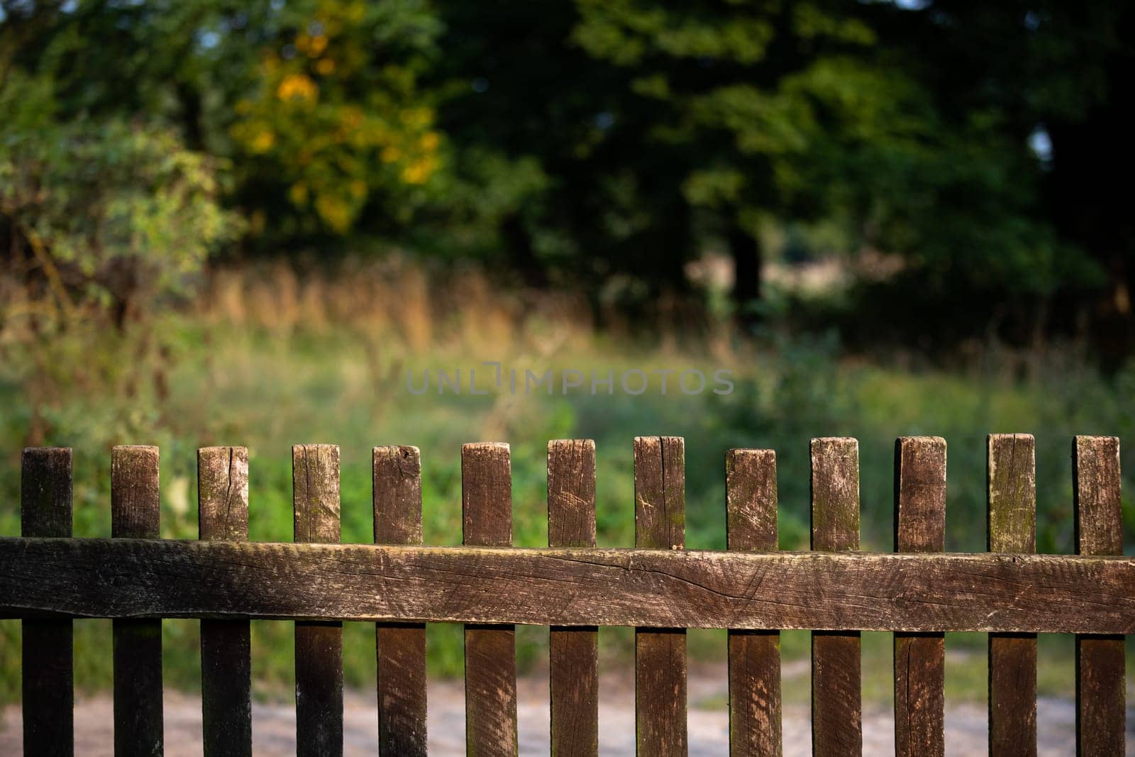 A view of an old wooden fence, handmade from wooden rails. In the background you can see a fuzzy meadow and trees.