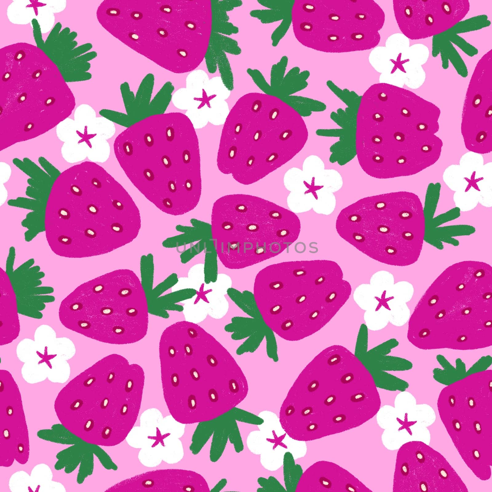 Hand drawn seamless pattern with pink strawberry with white flowers. Hot pink background Summer picnic food fruit berry print, fresh food strawberries green leaves, colorful bright spring kitchen design.. by Lagmar