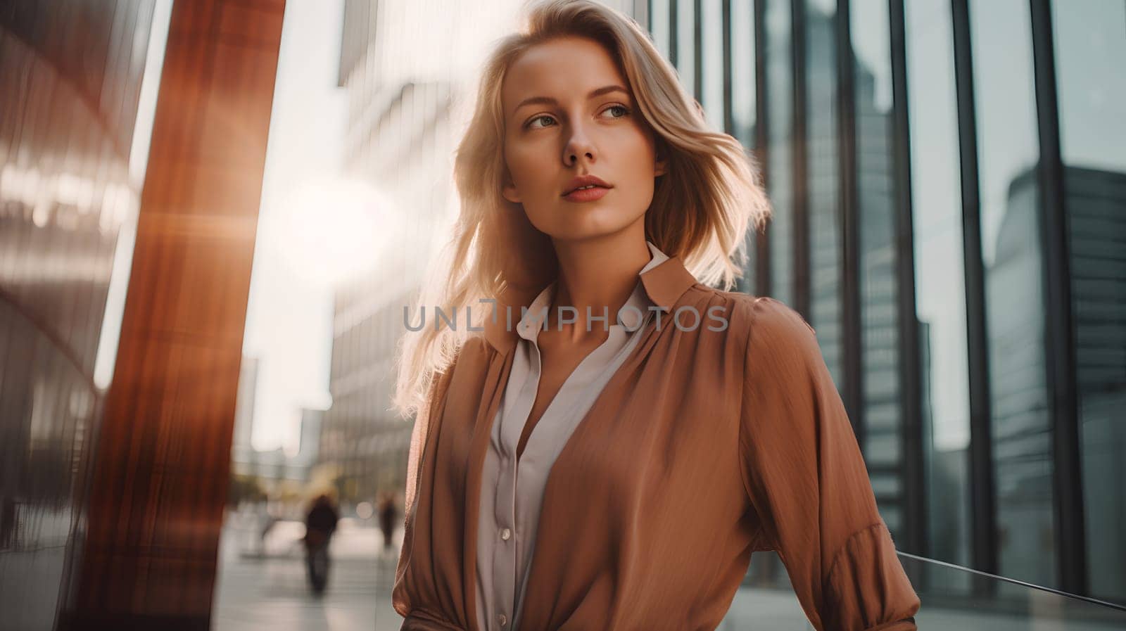Young woman wearing an orange blazer in a business district, generative AI