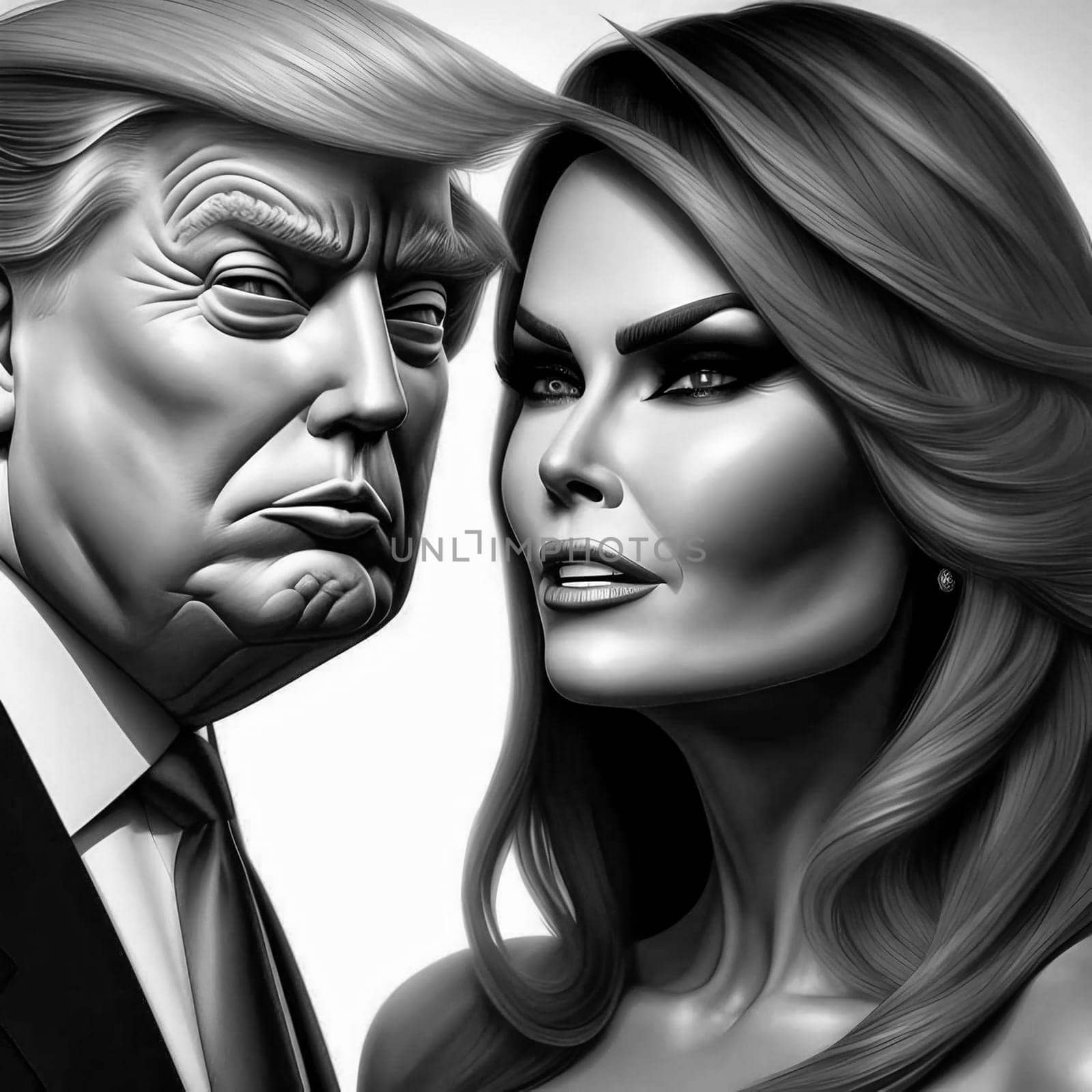 Step into the world of enigmatic elegance with this captivating studio portrait featuring the esteemed President Trump and his graceful wife, Melania. Every detail of this AI generated masterpiece has been meticulously crafted, showcasing their charisma, poise, and undeniable presence. The interplay of light and shadow accentuates their features, exuding a sense of intrigue and allure.