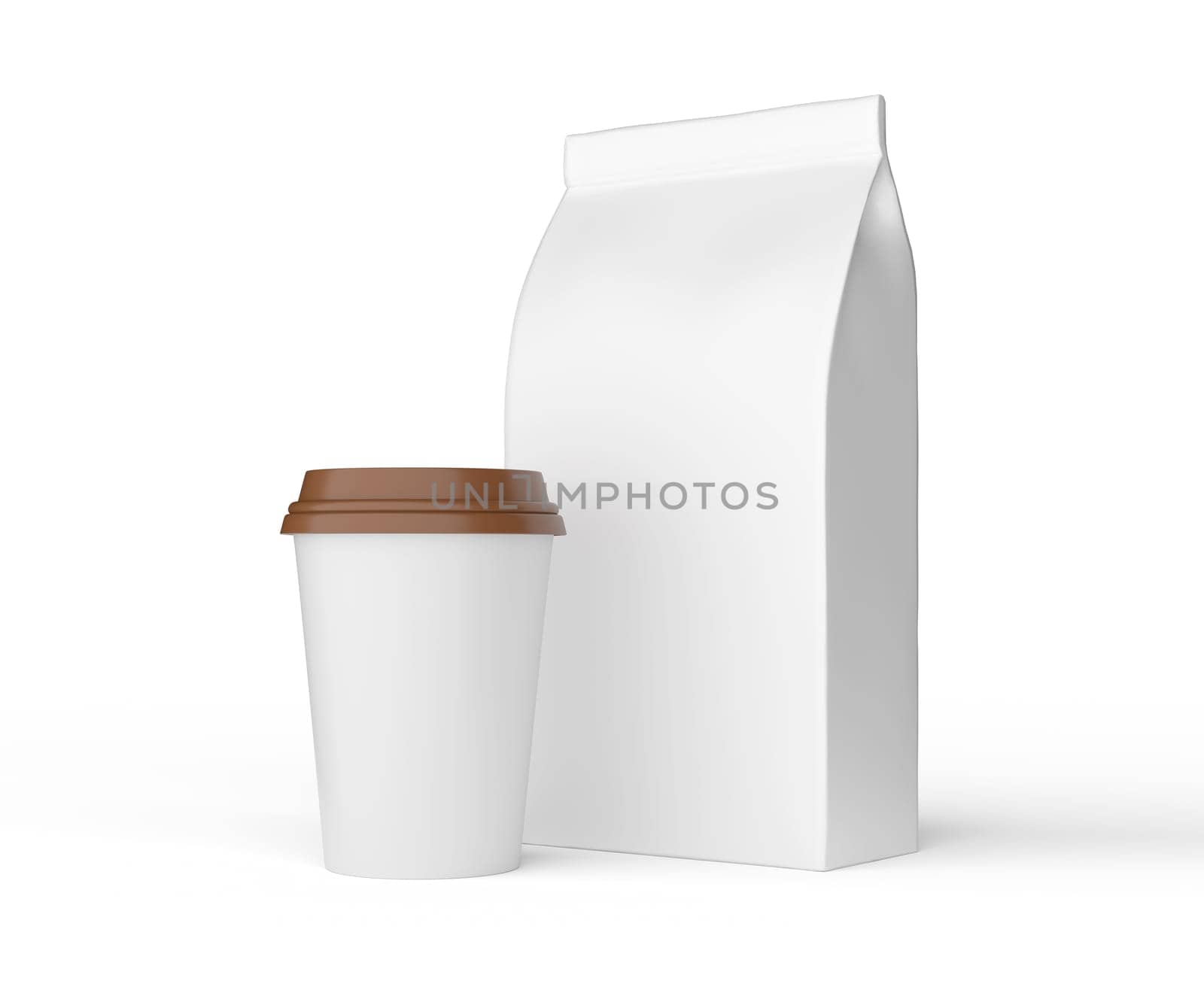 coffee bag and cup isolated on white. coffee package mock up. 3d illustration