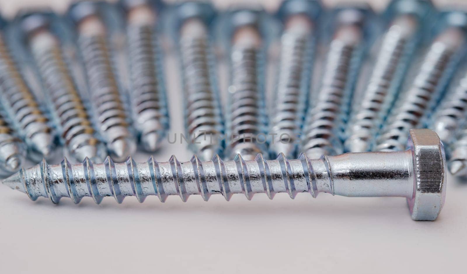 screw on metal against the background of screws in defocus.