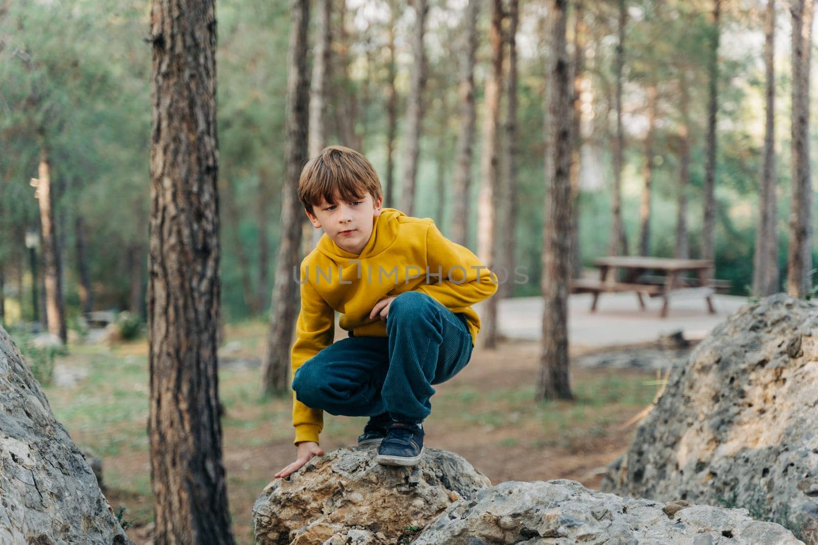 School kid boy child sitting on the granite rock boulder in the forest park by Ostanina