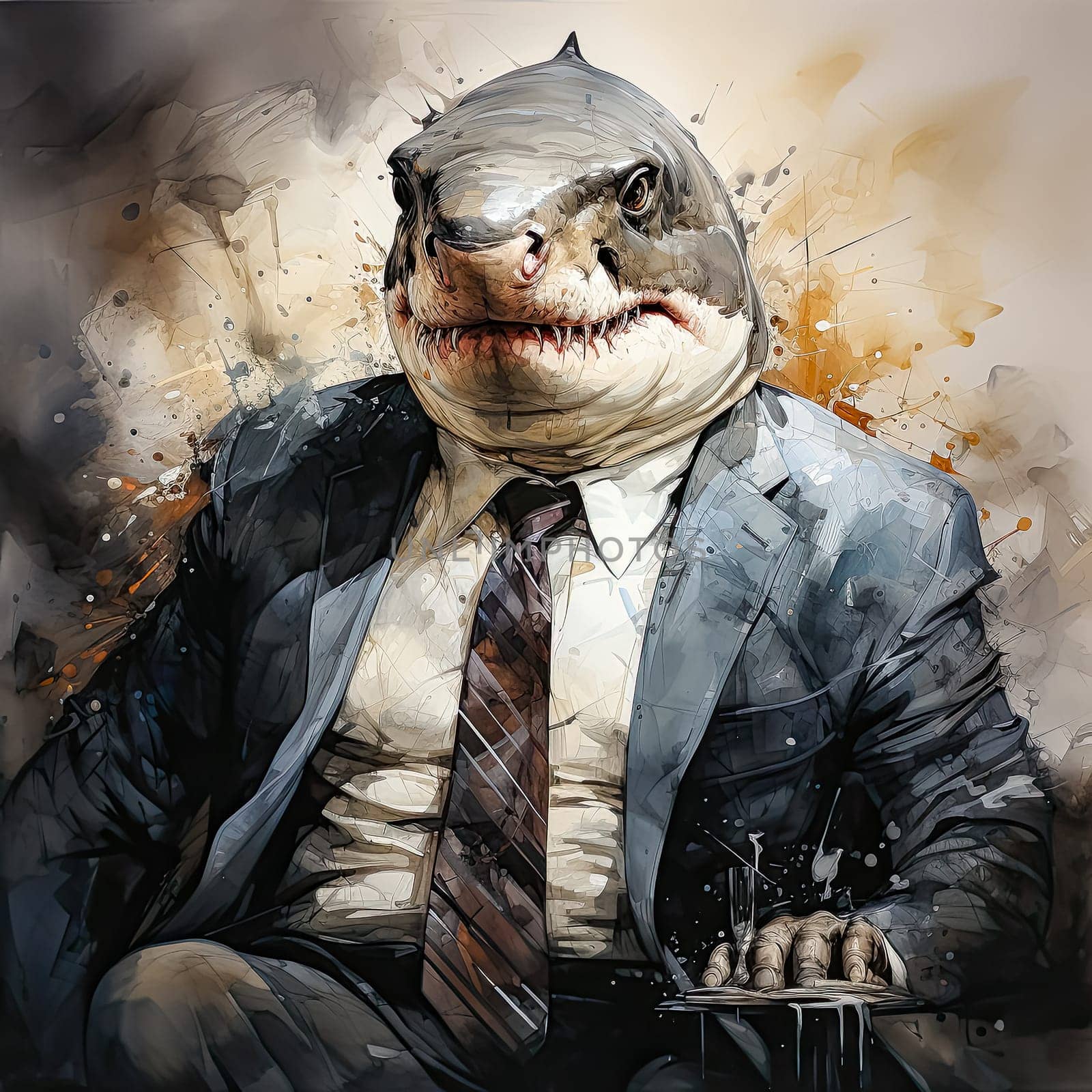 Shark businessman sitting in business suit in chair, watercolor, ai generation