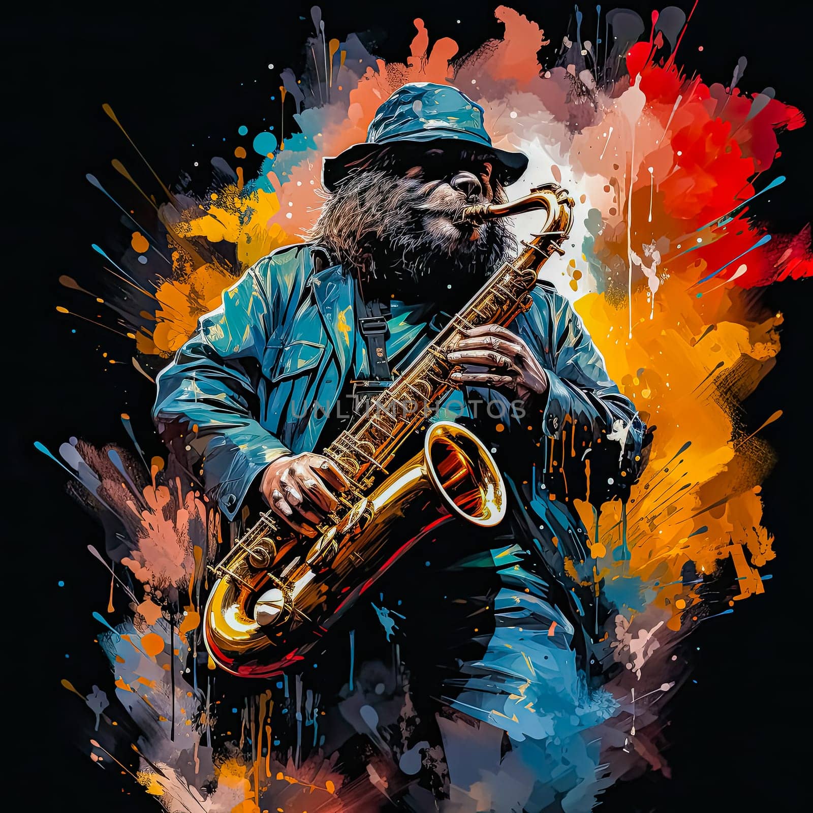 Bear in costume playing saxophone, black background with bright splashes, AI generation